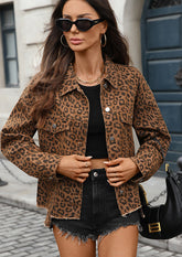 Leopard Print Raw Hem Denim Casual Jacket